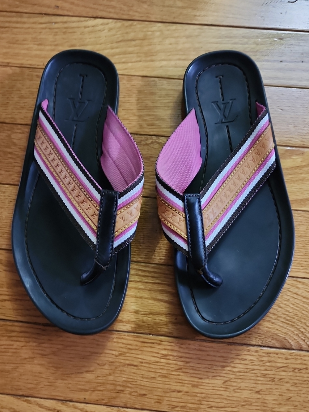Louis Vuitton Bastia Black Footbed Pink Multicoloted Striped Logo Thong Sandals